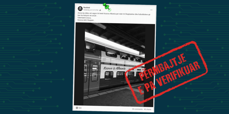 Fotografia e trenit zviceran me mbishkrimin “Kosovo is Albania”, është e montuar