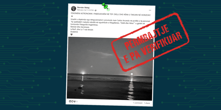 Imazhi që paraqet Hënën dhe Diellin në horizont në distancë të afërt me njëri-tjetrin, nuk është i vërtetë