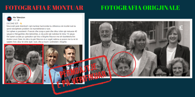 Imazhi që paraqet Macron-in në moshë të re së bashku me gruan e tij, është i montuar