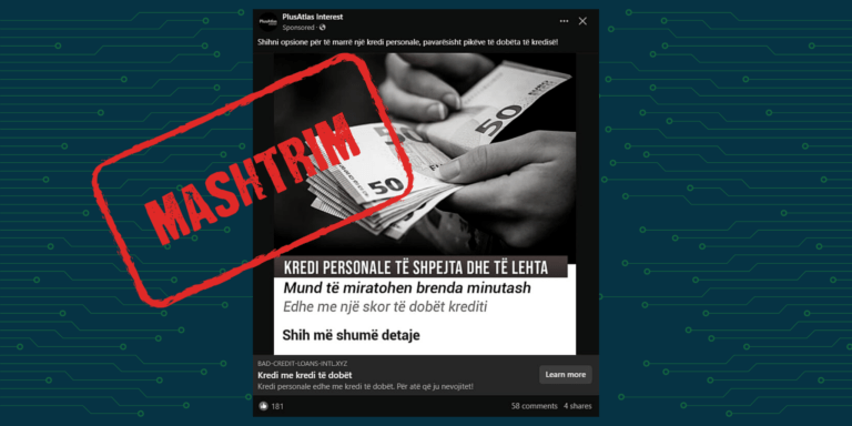 Faqja “PlusAtlas Interest” në Facebook pretendon rrejshëm se ofron mundësi për kredi