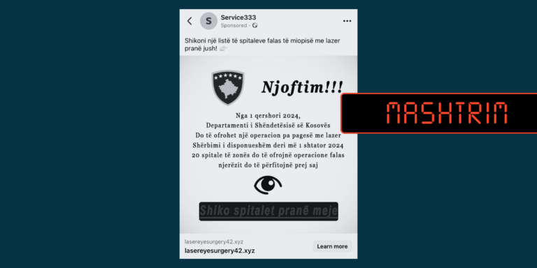 Përmbajtje mashtruese që thotë se do të ofrohet një operacion pa pagesë me laser në Kosovë