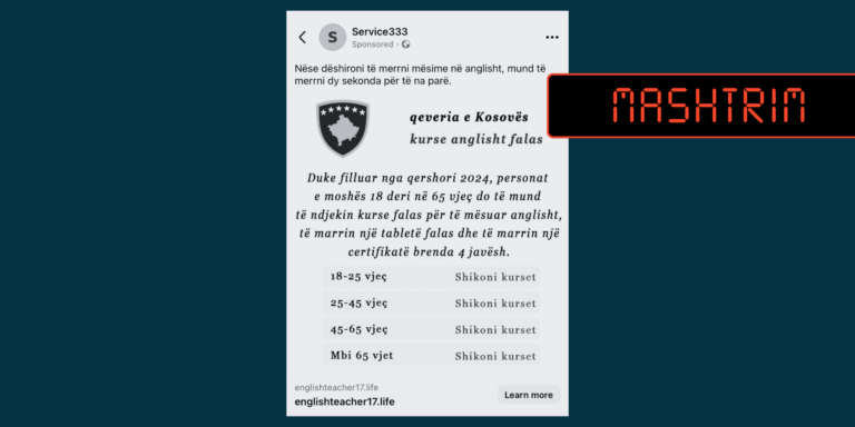 Përmbajtja që pretendon se Qeveria e Kosovës do të ofrojë kurse falas në gjuhën angleze është mashtrim