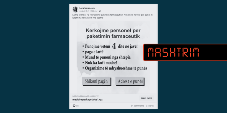 Përmbajtja mashtruese pretendon se po kërkohen punonjës për paketim farmaceutik