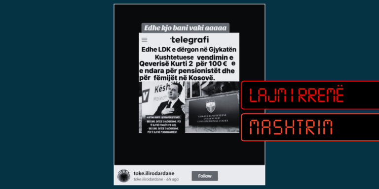 Përmes imazhit të manipuluar pretendohet rrejshëm se LDK e dërgoi në Kushtetuese vendimin e fundit qeveritar për ndarjen nga 100 euro