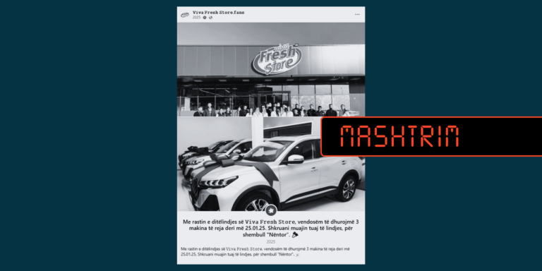 Përmbajtje mashtruese që pretendon se mund të fitoni veturë nga një lojë shpërblyese të “Viva Fresh Store”