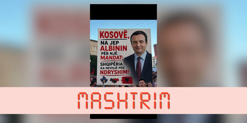 Imazhi me pankartën për Kurtin nga protestat në Tiranë është i gjeneruar me inteligjencë artificiale